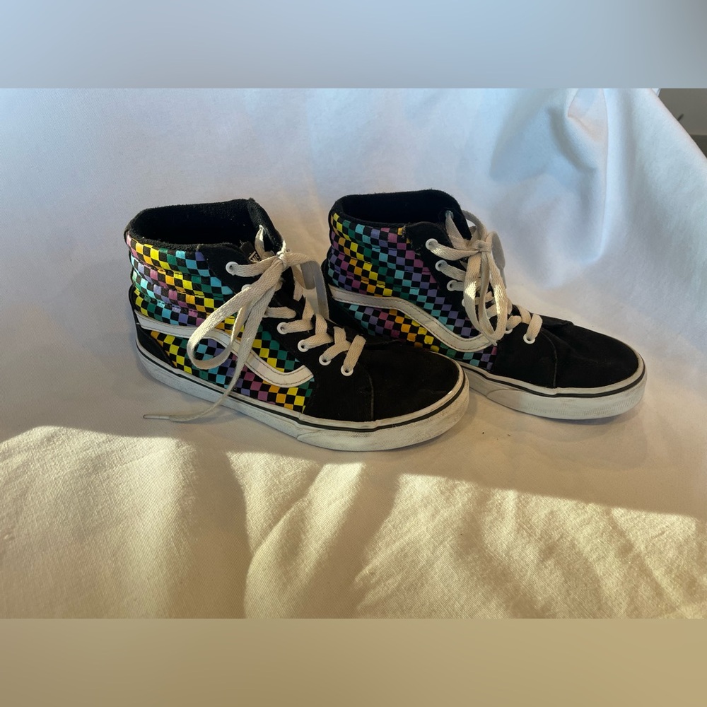 Vans Sk8 Hi Sneakers Shoes Black Rainbow Checkerboard Missy Youth Size 4 Lace Up